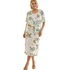 Sleeveless Maxi Dress With Separate Front Tie Shrug In Cream/Green/Taupe - Plus