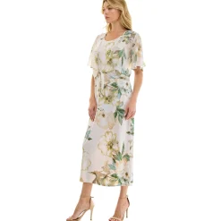 Sleeveless Maxi Dress With Separate Front Tie Shrug In Cream/Green/Taupe