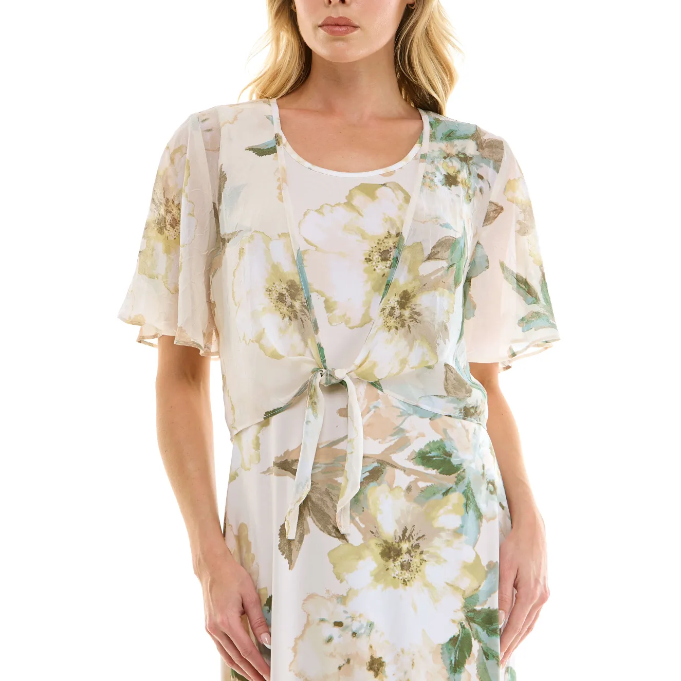 Sleeveless Maxi Dress With Separate Front Tie Shrug In Cream/Green/Taupe