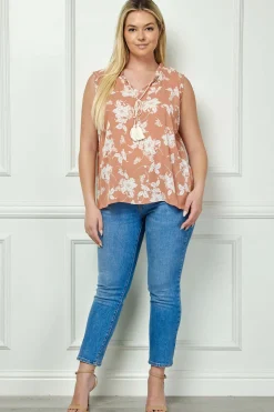 Sleeveless Ruffle Split Neck Tassel Blouse in Coral - Plus