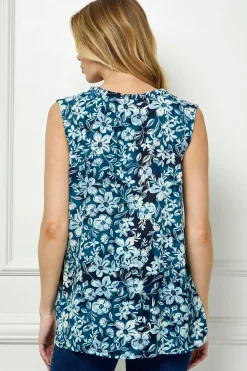 Sleeveless Ruffle Split Neck Tassel Blouse in Navy/Blue