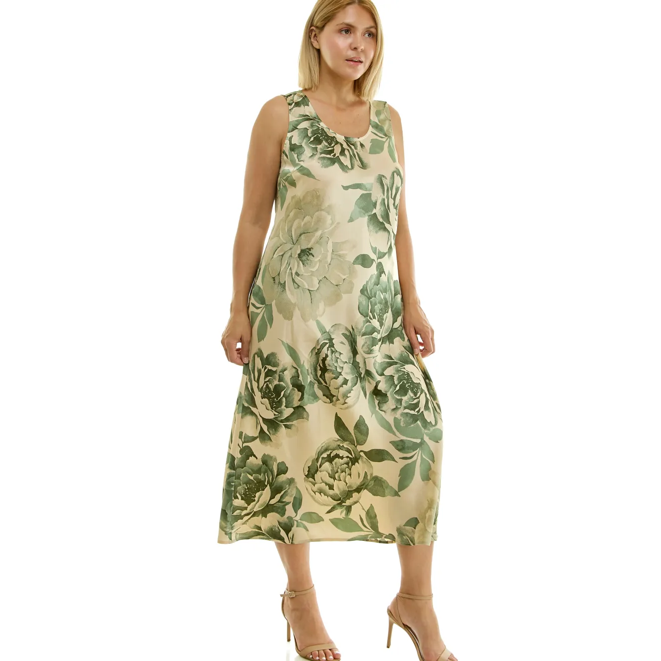 Sleeveless Scoop Neck Maxi Dress In Tan/Olive/Green - Plus