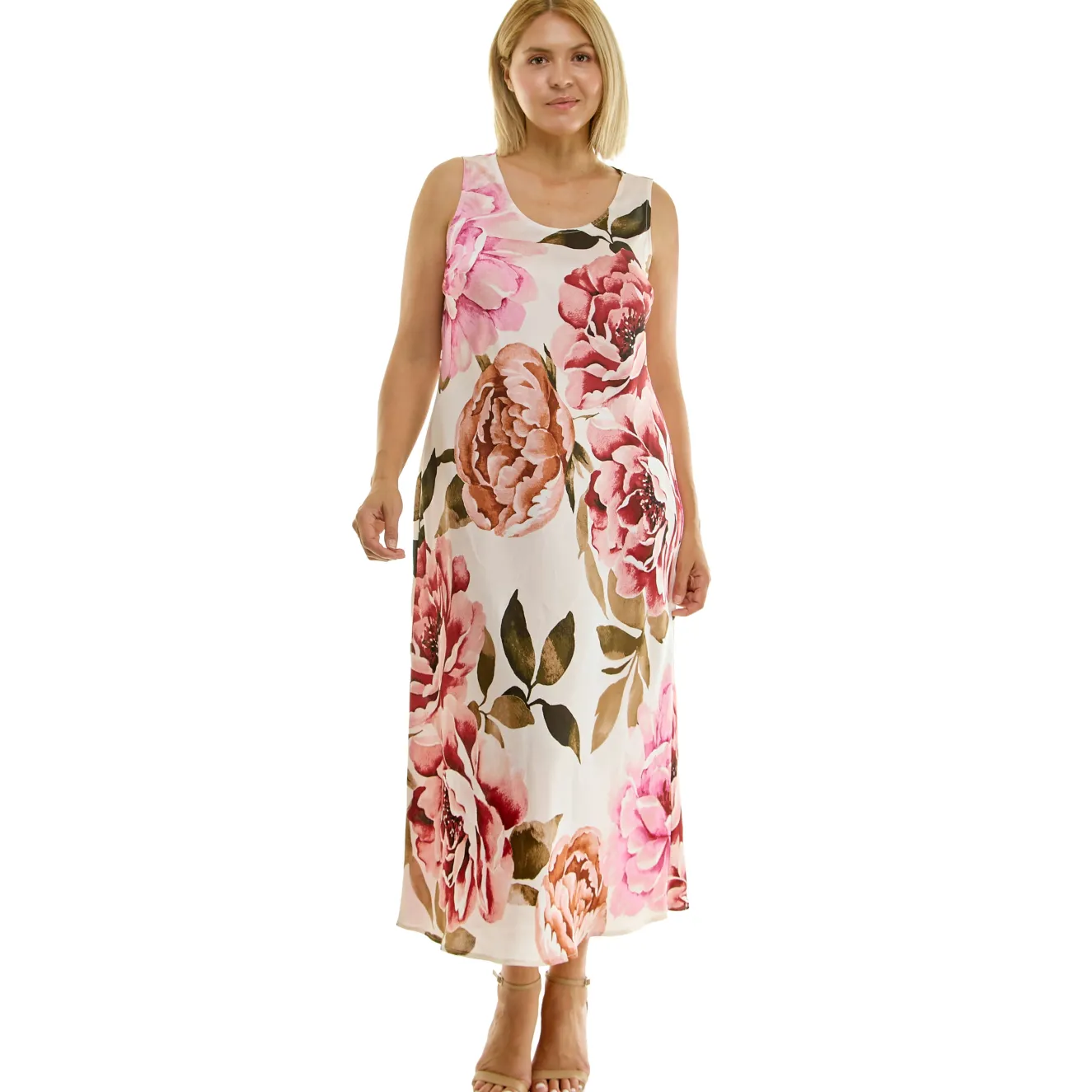 Sleeveless Scoop Neck Maxi Dress In Cream/Rust/Mauve - Plus