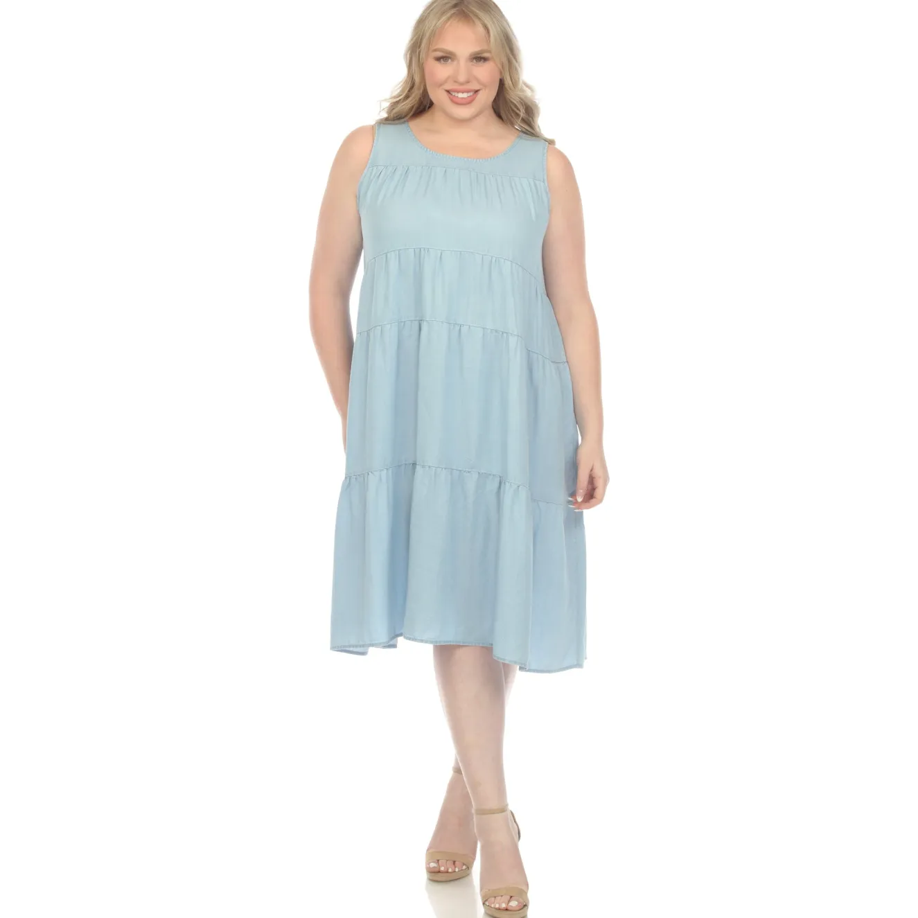 Sleeveless Tiered Chambray Midi Dress - Plus