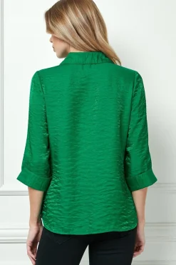 3/4 Sleeve Notch Button-Front Shirt, Green
