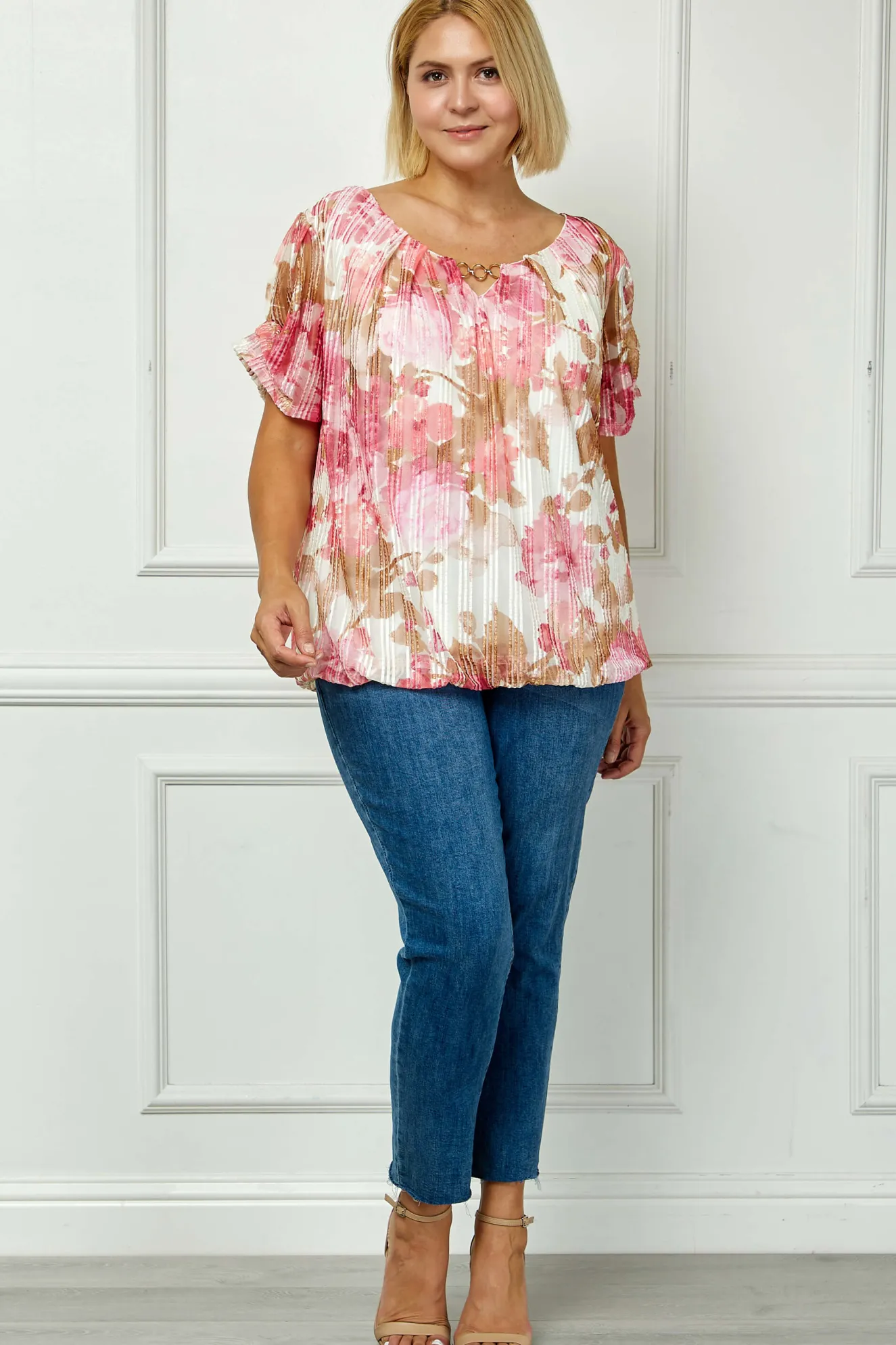 Step Sleeve Cutout Neck Ring Trim Bubble Blouse in Ivory/Pink - Plus