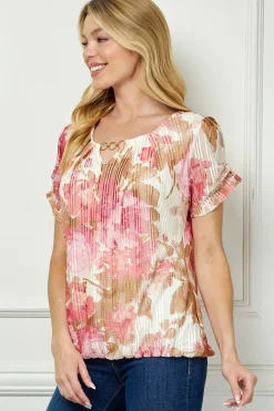 Step Sleeve Cutout Neck Ring Trim Bubble Blouse in Ivory/Pink