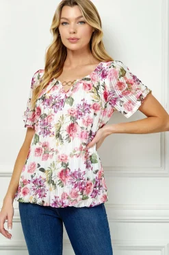 Step Sleeve Cutout Trim Bubble Blouse in Pink