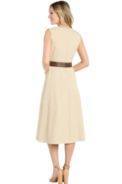 Stretch Twill Midi Dress with Split Skirt and Belt