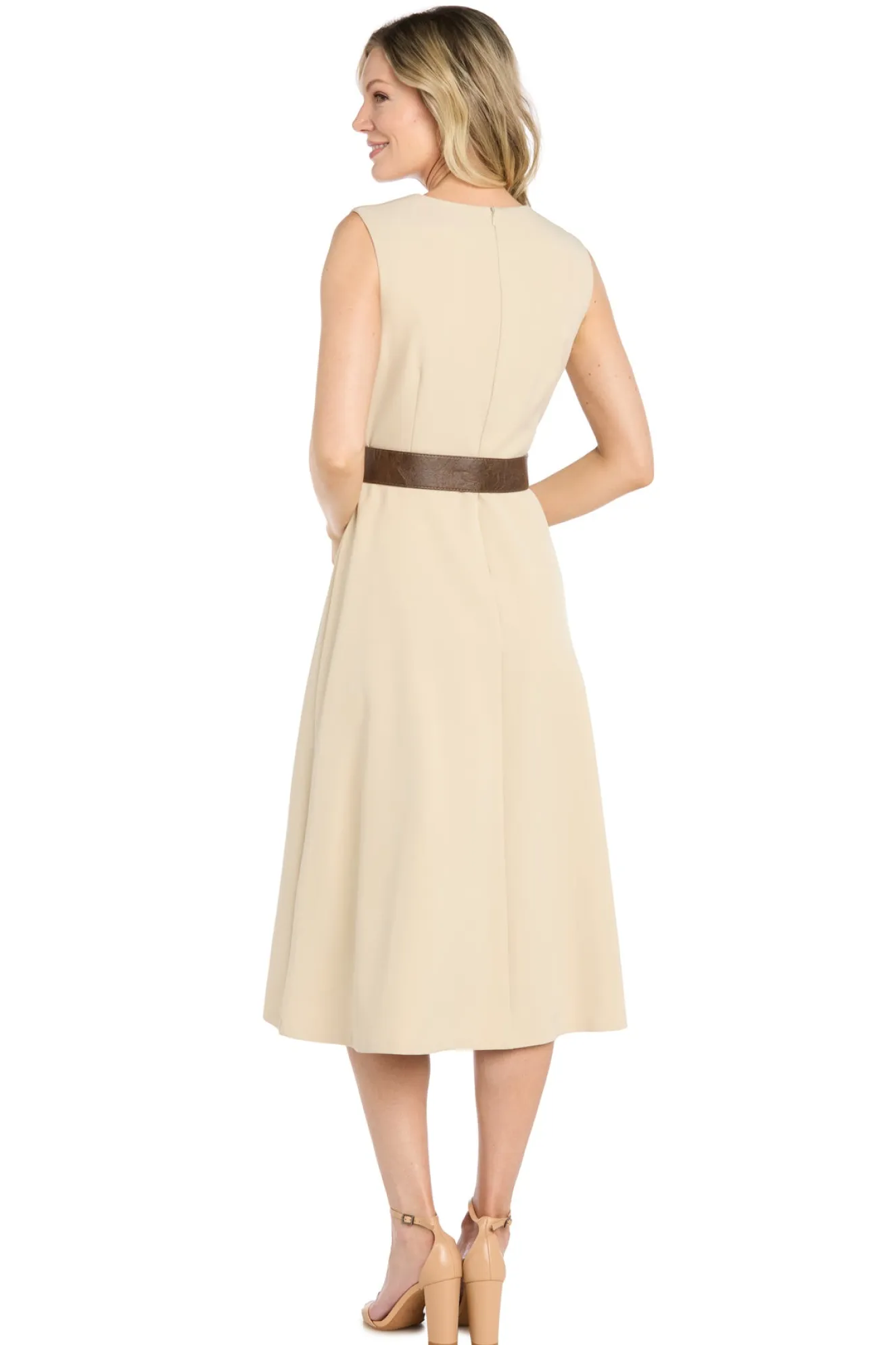 Stretch Twill Midi Dress with Split Skirt and Belt
