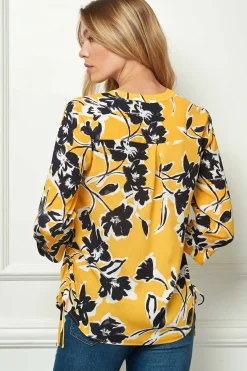 3/4 Tab Sleeve Mandarin Collar Blouse in Yellow/Ivory/Black
