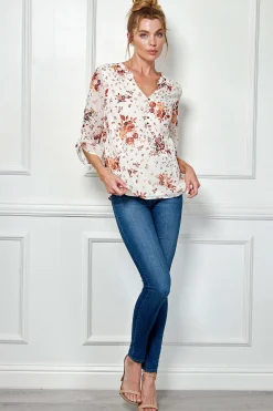 3/4 Tab Sleeve Mandarin Collar Popover Blouse in Ivory/Burgundy/Rust