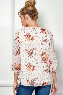 3/4 Tab Sleeve Mandarin Collar Popover Blouse in Ivory/Burgundy/Rust