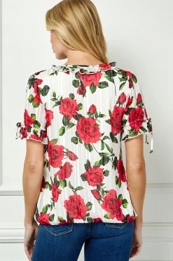 Tie Neck Ruffle Sleeve Bubble Blouse in Ivory/Red