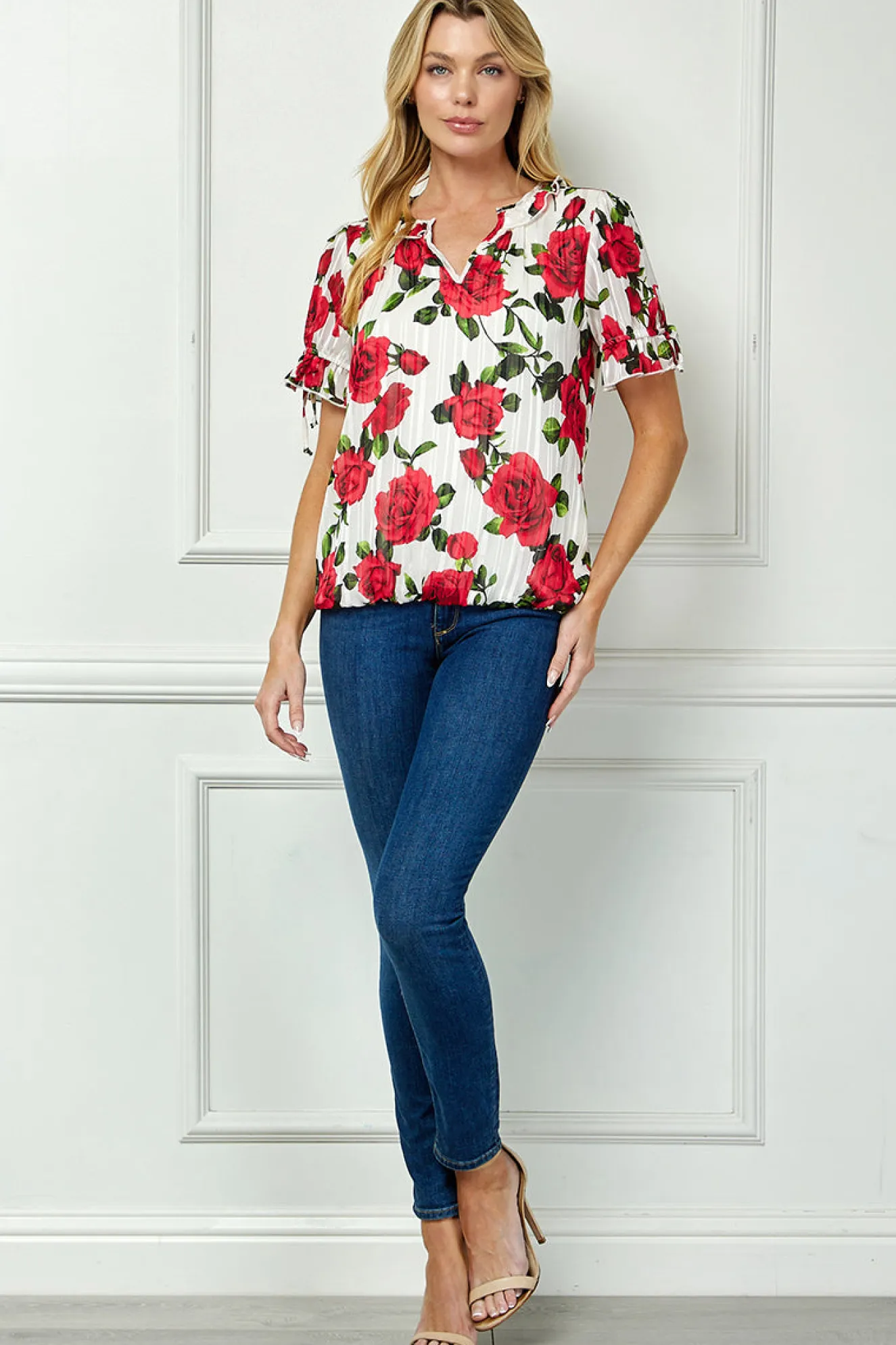 Tie Neck Ruffle Sleeve Bubble Blouse in Ivory/Red