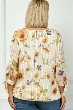 3/4 Tie Sleeve Pleat Neck Bubble Blouse in Yellow Pansy - Plus