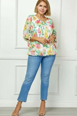 3/4 Tie Sleeve Pleat Neck Floral Foil Bubble Blouse in White/Pink/Green Multi - Plus