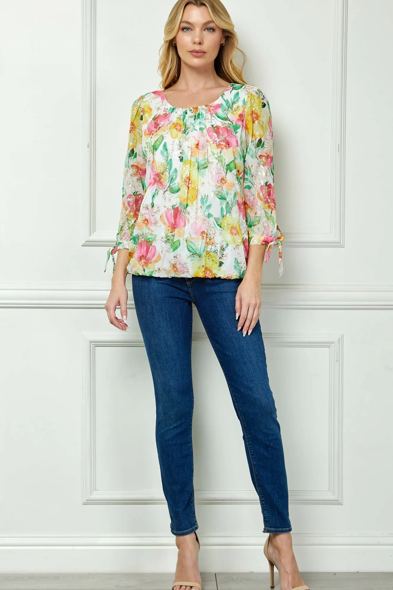 3/4 Tie Sleeve Pleat Neck Floral Foil Bubble Blouse in White/Pink/Green Multi