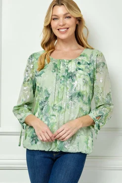 3/4 Tie Sleeve Pleat Neck Floral Foil Bubble Blouse in Sage/Cream Watercolor