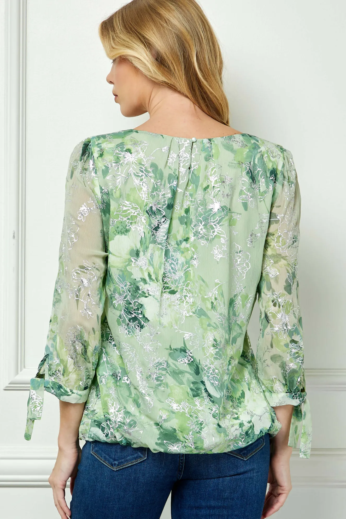 3/4 Tie Sleeve Pleat Neck Floral Foil Bubble Blouse in Sage/Cream Watercolor