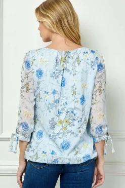 3/4 Tie Sleeve Pleat Neck Studded Bubble Blouse in Light Blue Floral