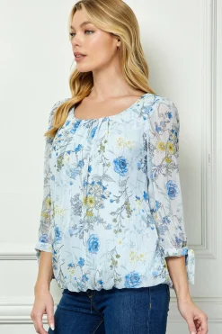 3/4 Tie Sleeve Pleat Neck Studded Bubble Blouse in Light Blue Floral