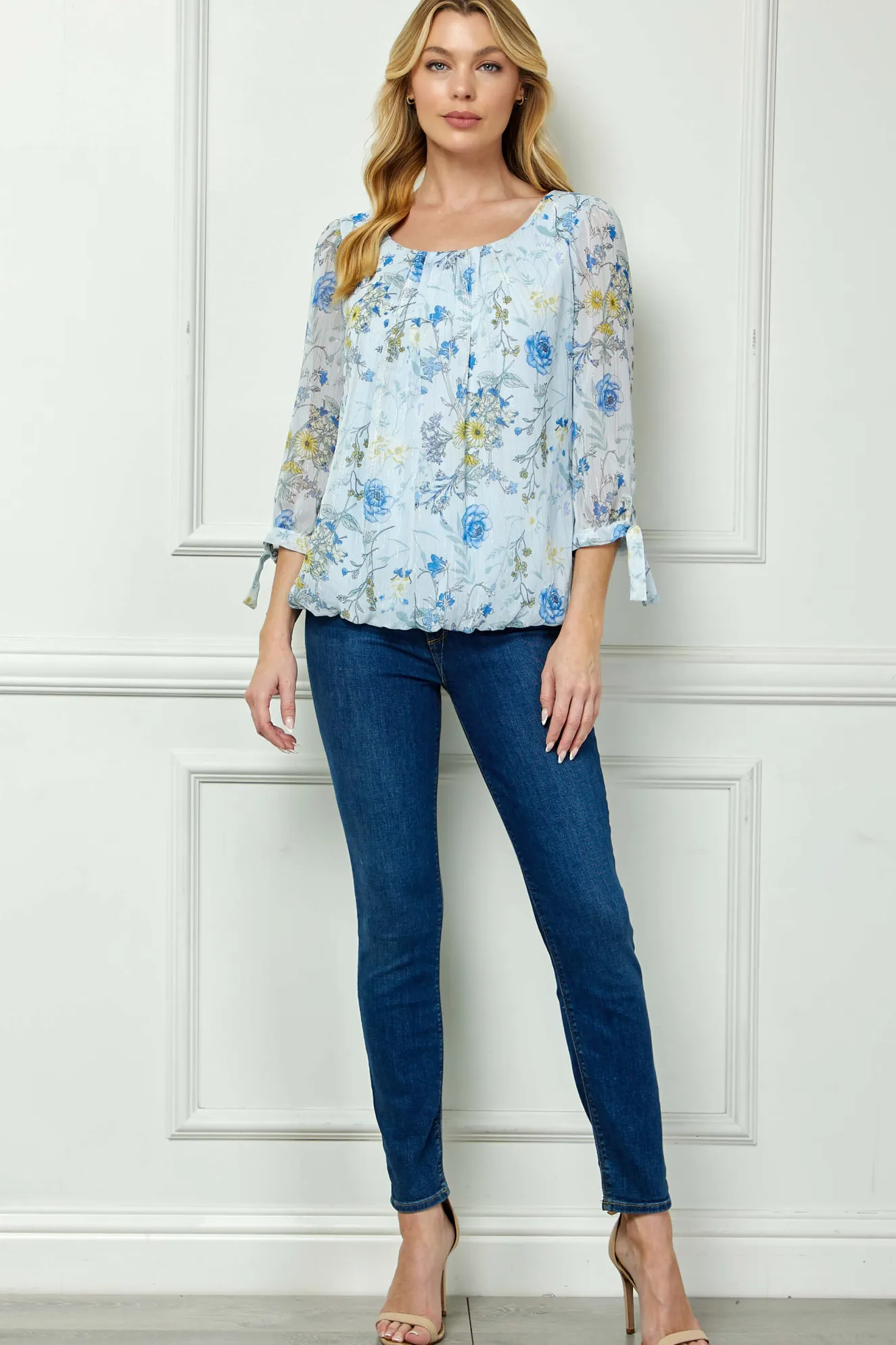 3/4 Tie Sleeve Pleat Neck Studded Bubble Blouse in Light Blue Floral