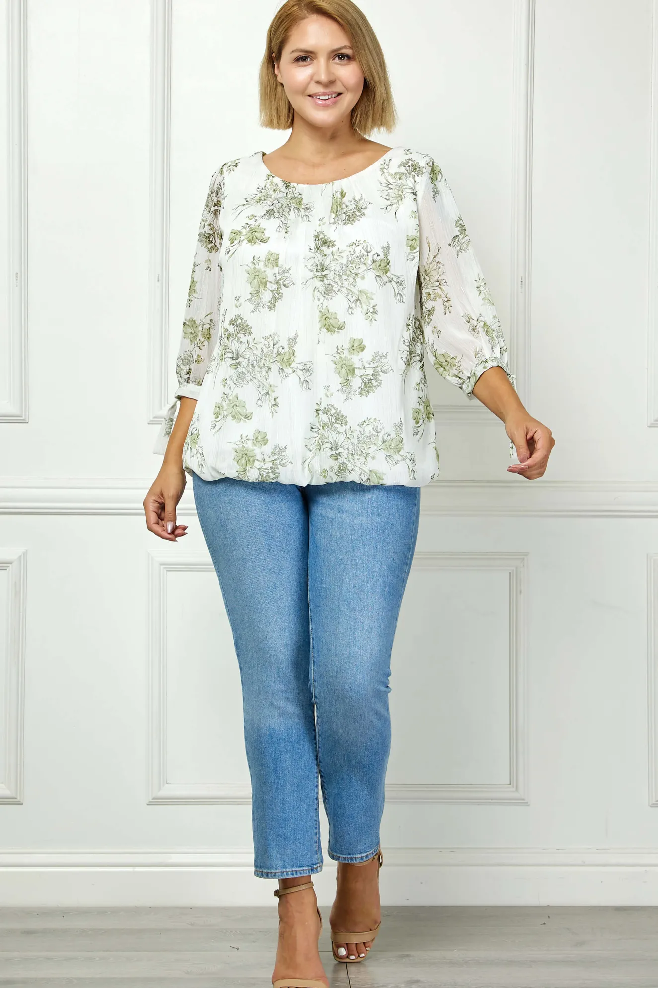 3/4 Tie Sleeve Pleat Neck Studded Bubble Blouse in Ivory/Sage Sketch - Plus