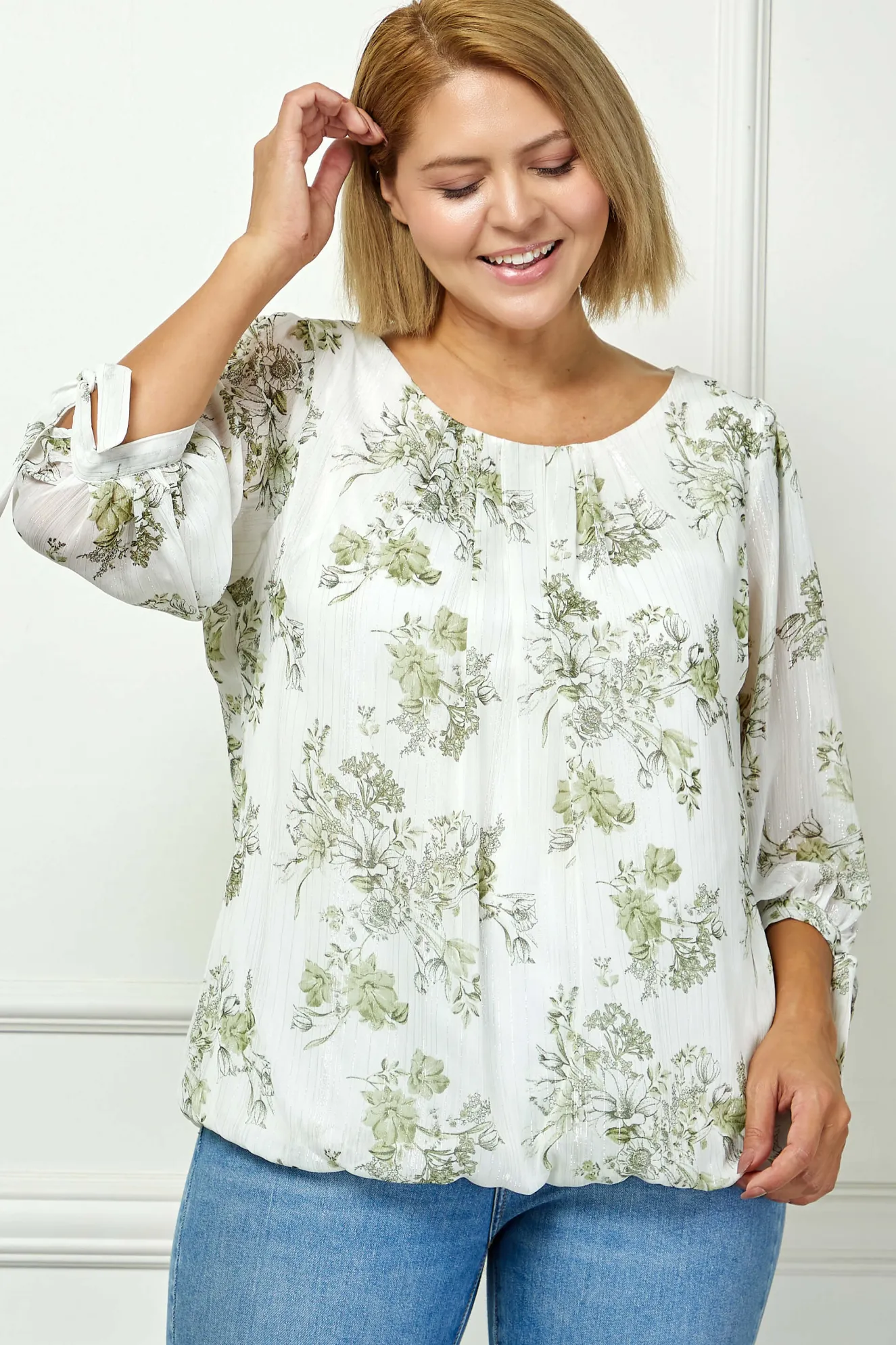 3/4 Tie Sleeve Pleat Neck Studded Bubble Blouse in Ivory/Sage Sketch - Plus