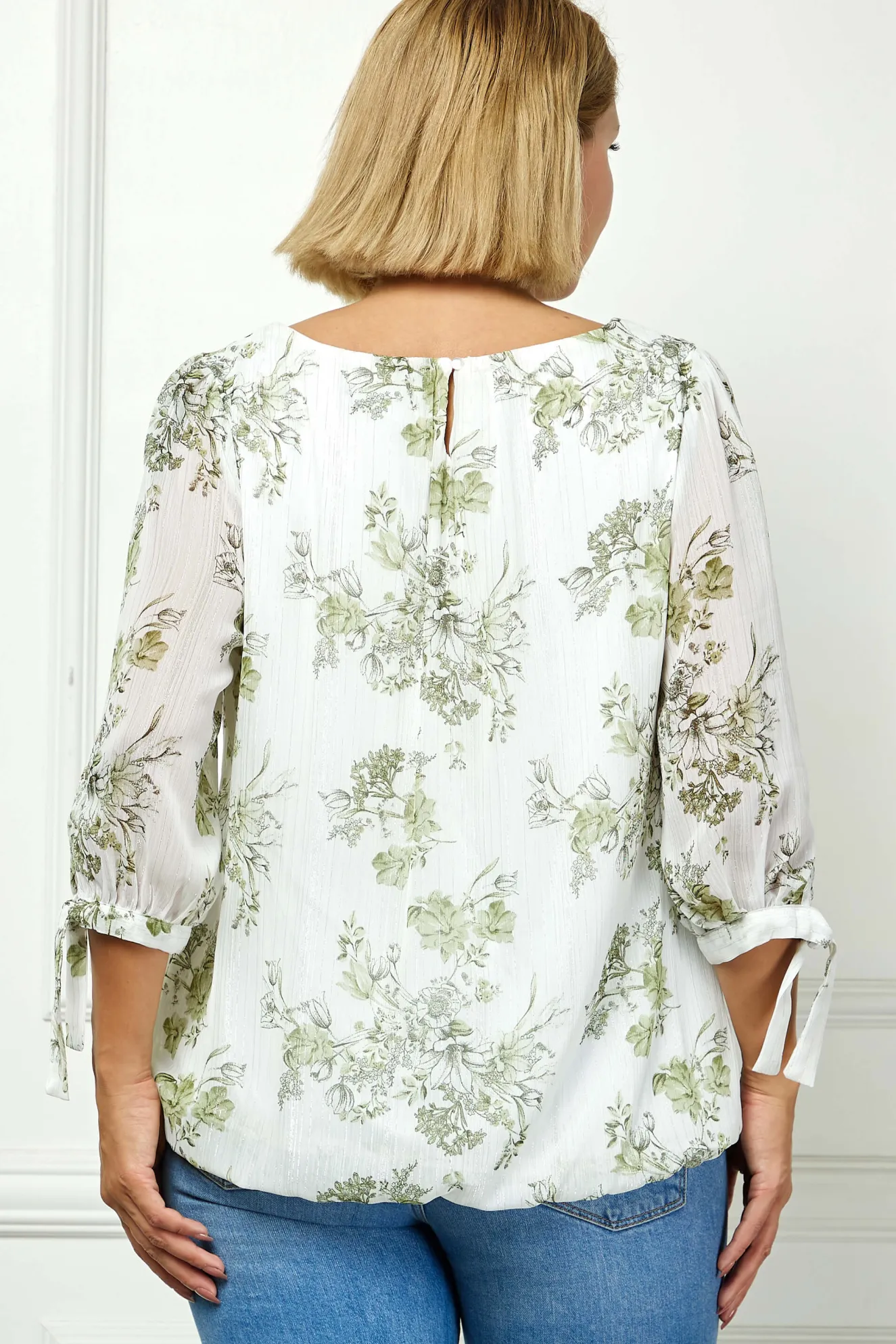 3/4 Tie Sleeve Pleat Neck Studded Bubble Blouse in Ivory/Sage Sketch - Plus