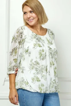 3/4 Tie Sleeve Pleat Neck Studded Bubble Blouse in Ivory/Sage Sketch - Plus