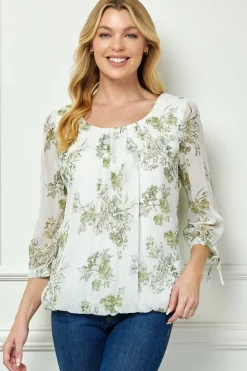 3/4 Tie Sleeve Pleat Neck Studded Bubble Blouse in Ivory/Sage Sketch
