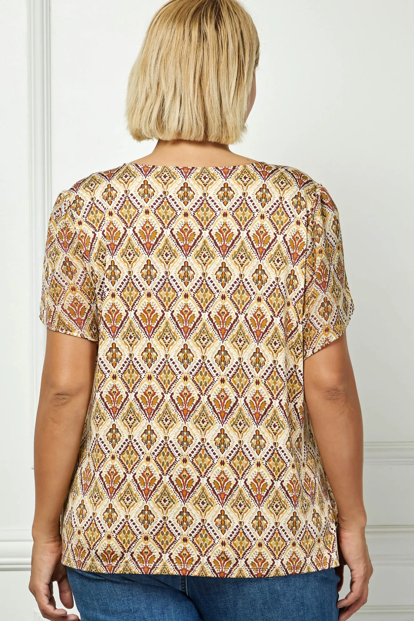 Tulip Sleeve Button-Front V-Neck Blouse in Cream/Olive/Rust - Plus