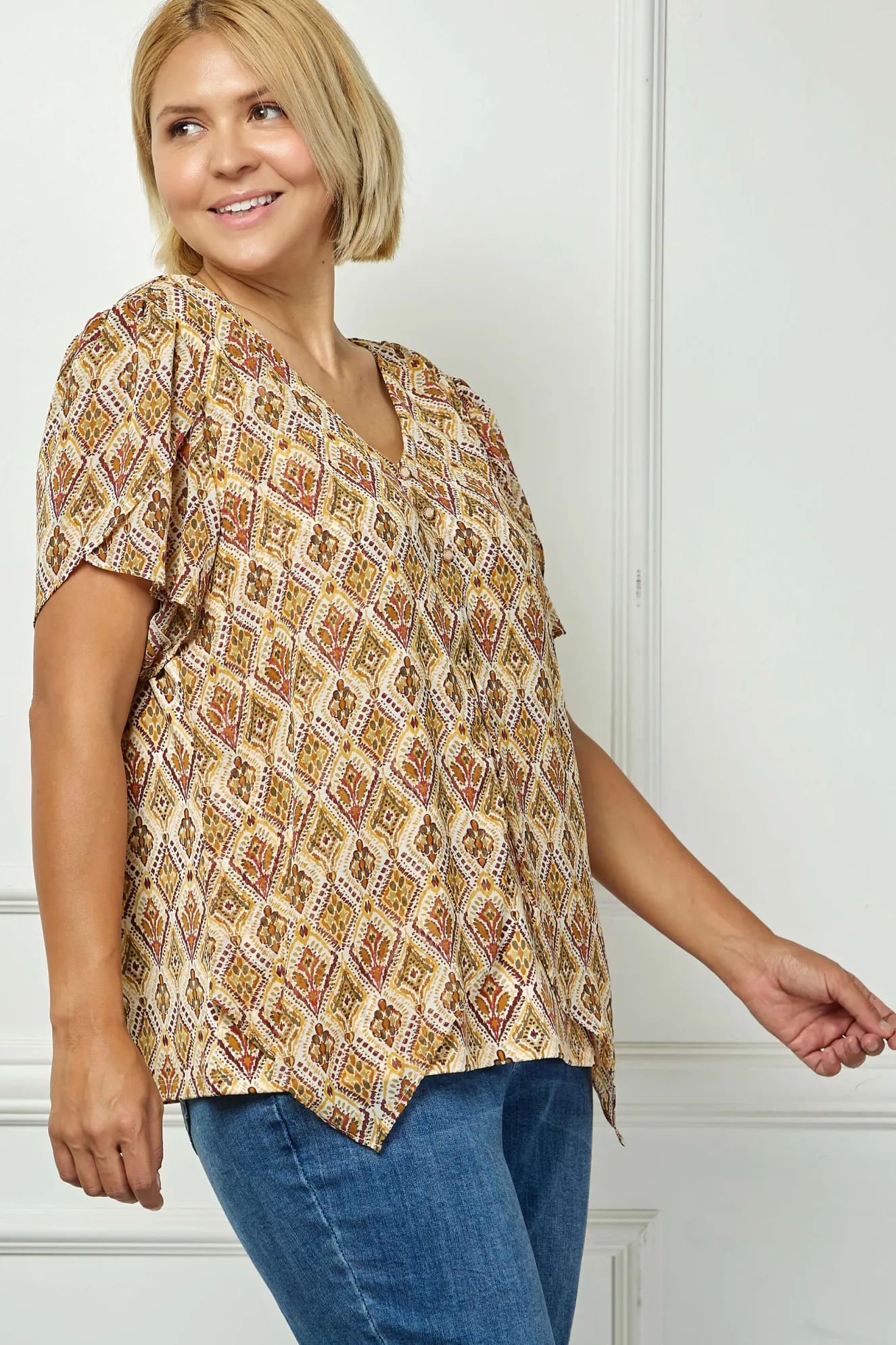 Tulip Sleeve Button-Front V-Neck Blouse in Cream/Olive/Rust - Plus