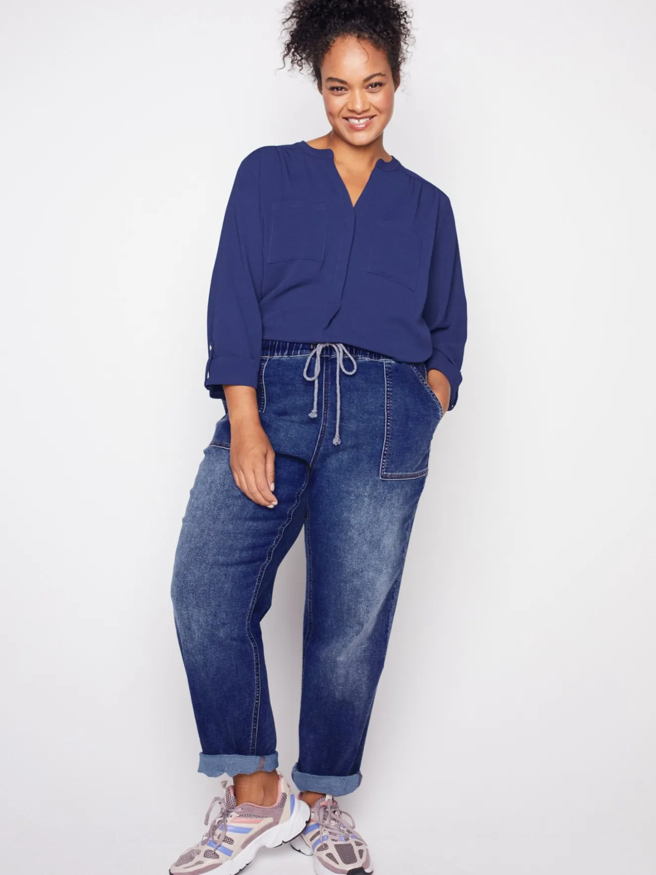 Westport Knit Denim Weekender Pant with Pockets and Drawstring Waist- Plus