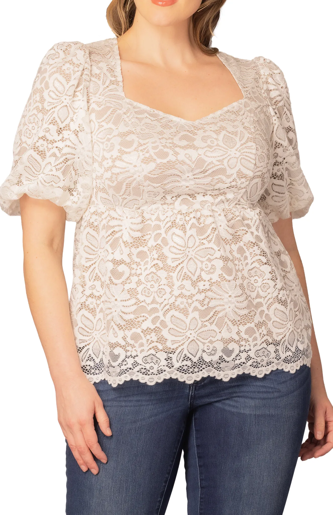 Winsome Sweetheart Lace Peplum Top - Ivory & Nude - Plus