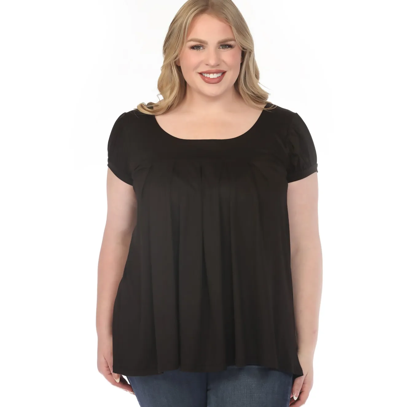 Women'sCap Sleeve Pleated Top - Black - Plus
