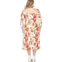 Women'sCold Shoulder 3/4 Sleeve Dress - Ivory Orange - Plus