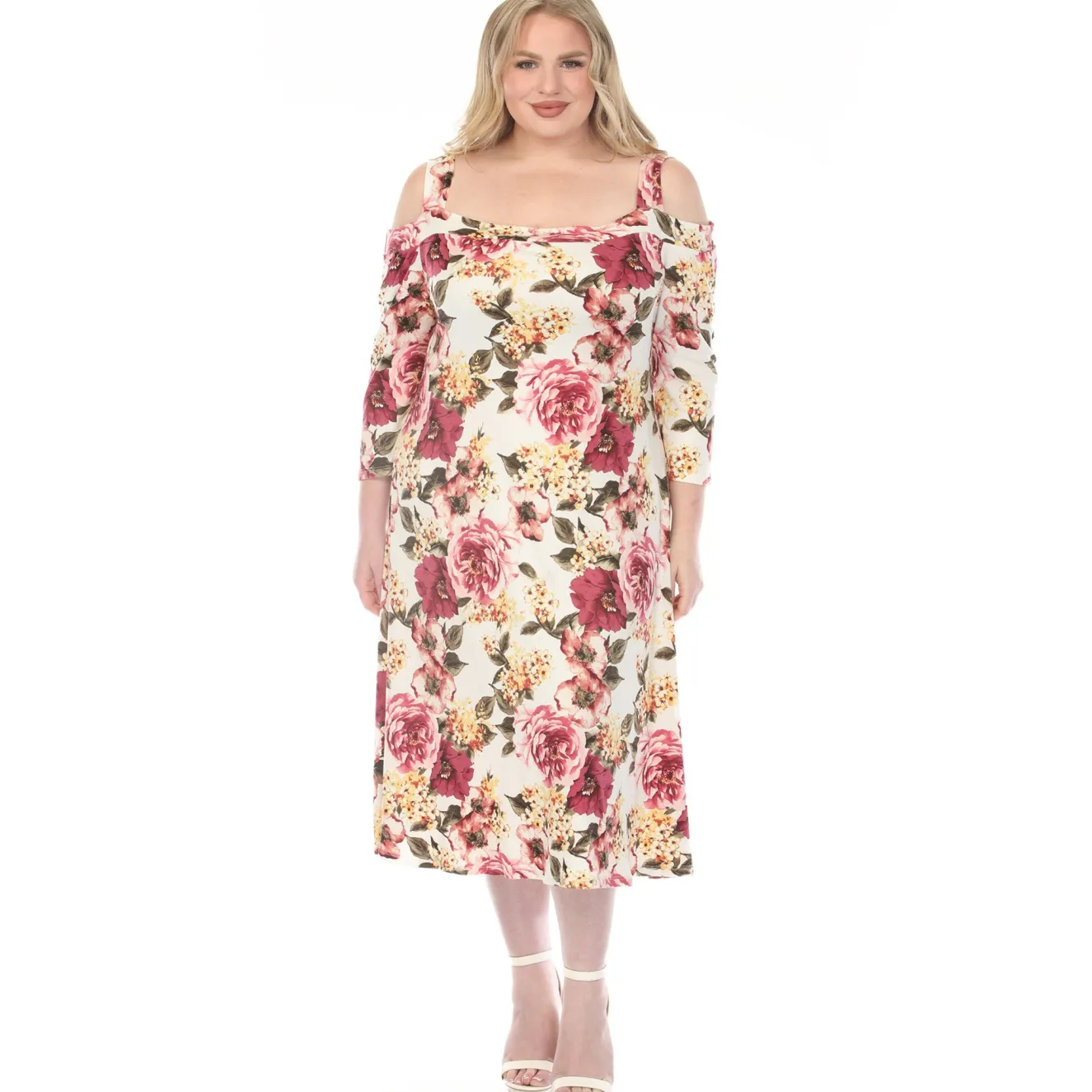 Women'sCold Shoulder 3/4 Sleeve Dress - Ivory Mauve - Plus