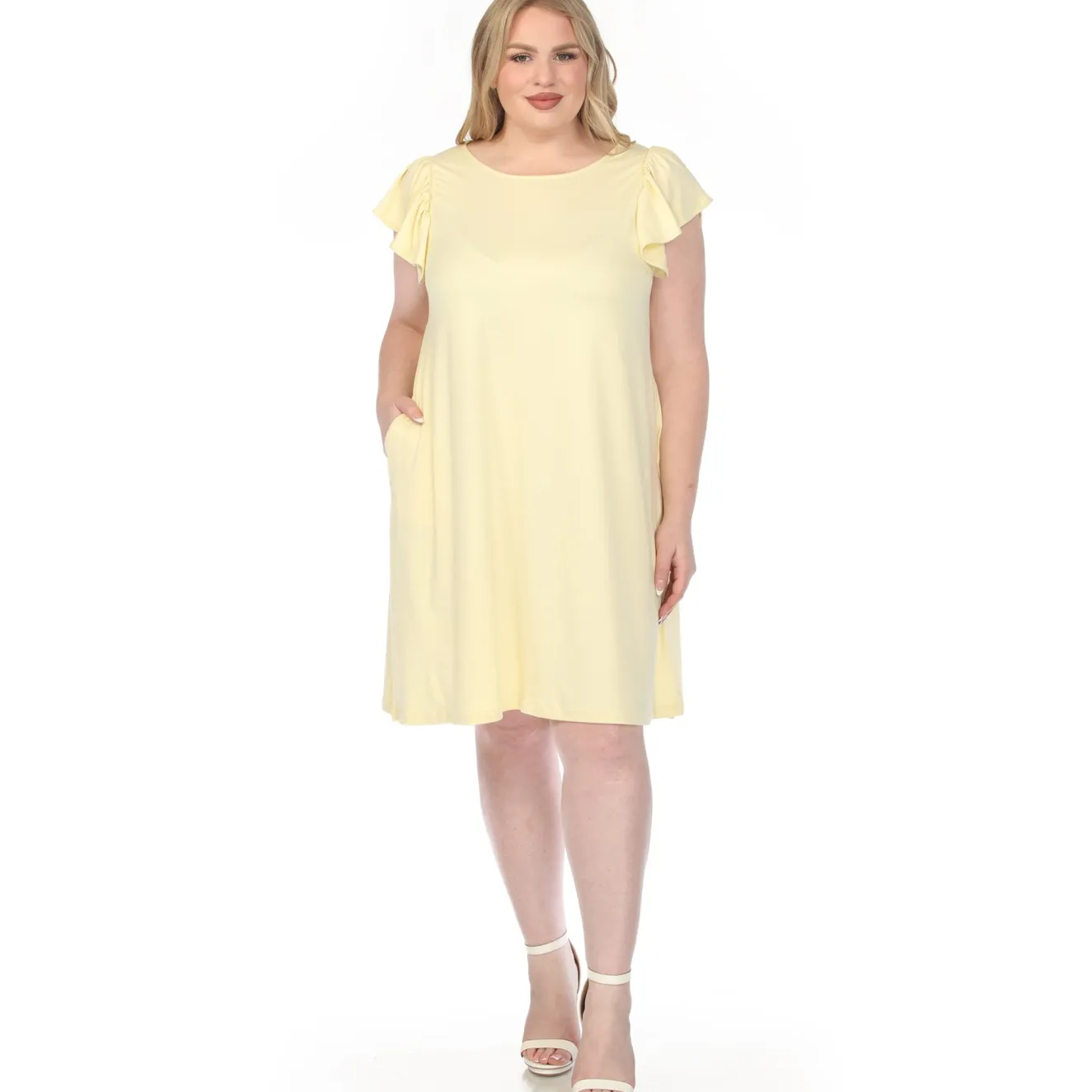 Women'sCrew Neck Ruffle Sleeve Dress - Yellow - Plus