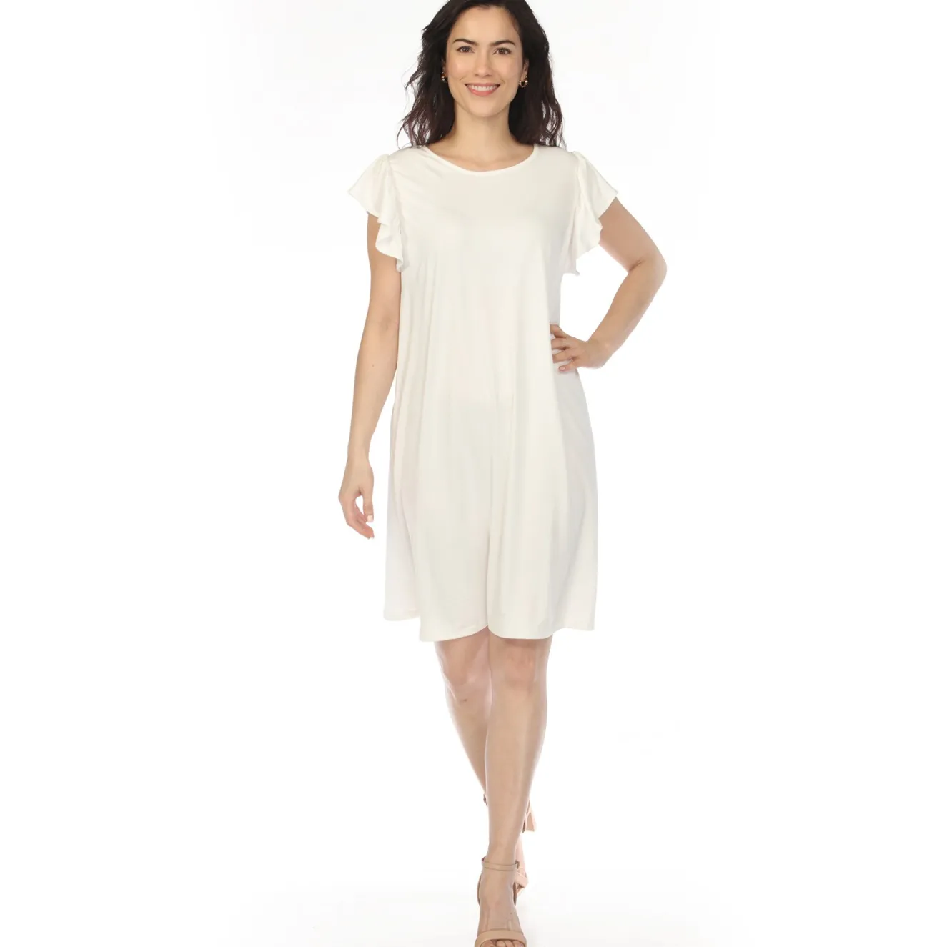 Women's Crew Neck Ruffle Sleeve Dress - Off White