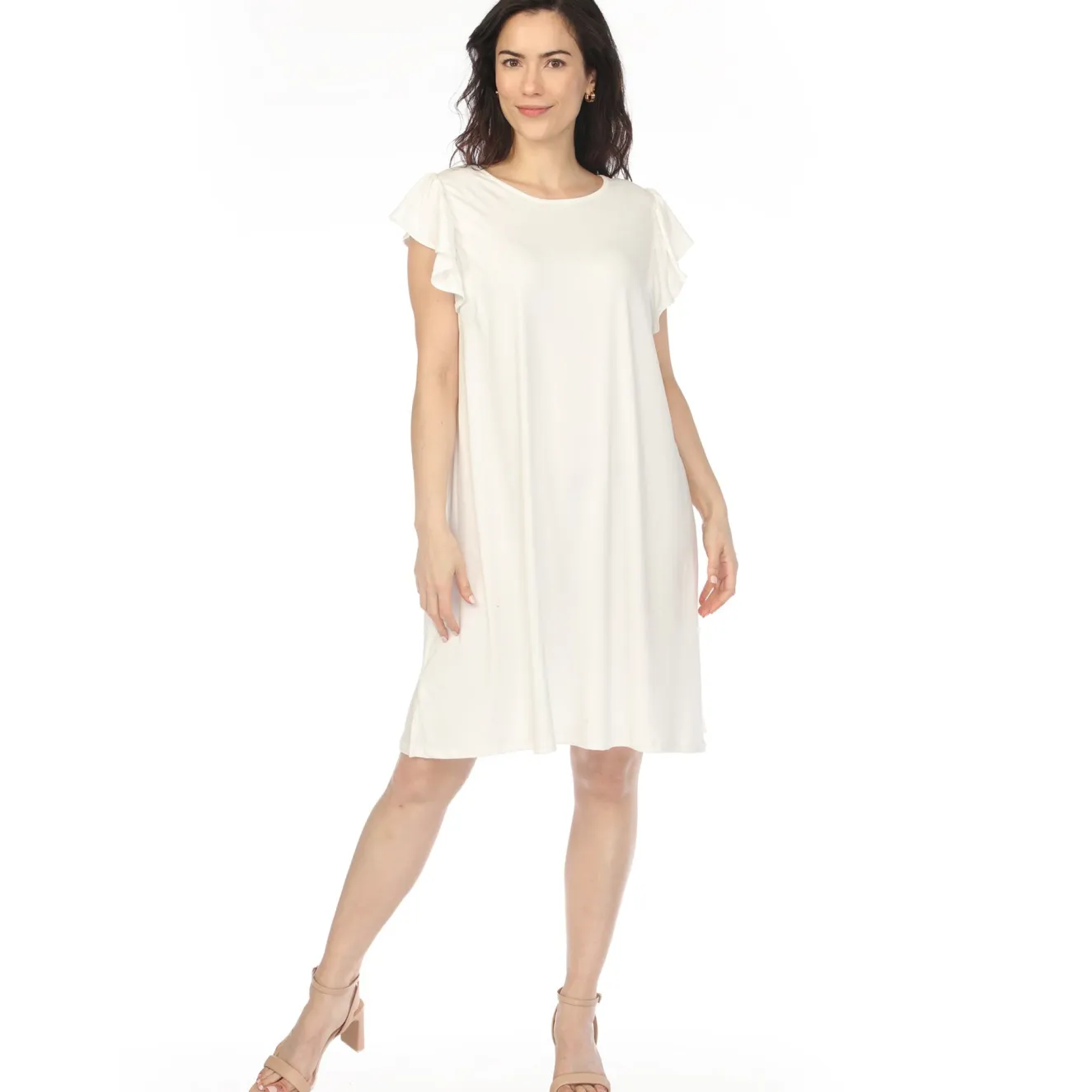 Women's Crew Neck Ruffle Sleeve Dress - Off White