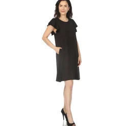 Women's Crew Neck Ruffle Sleeve Dress - Black