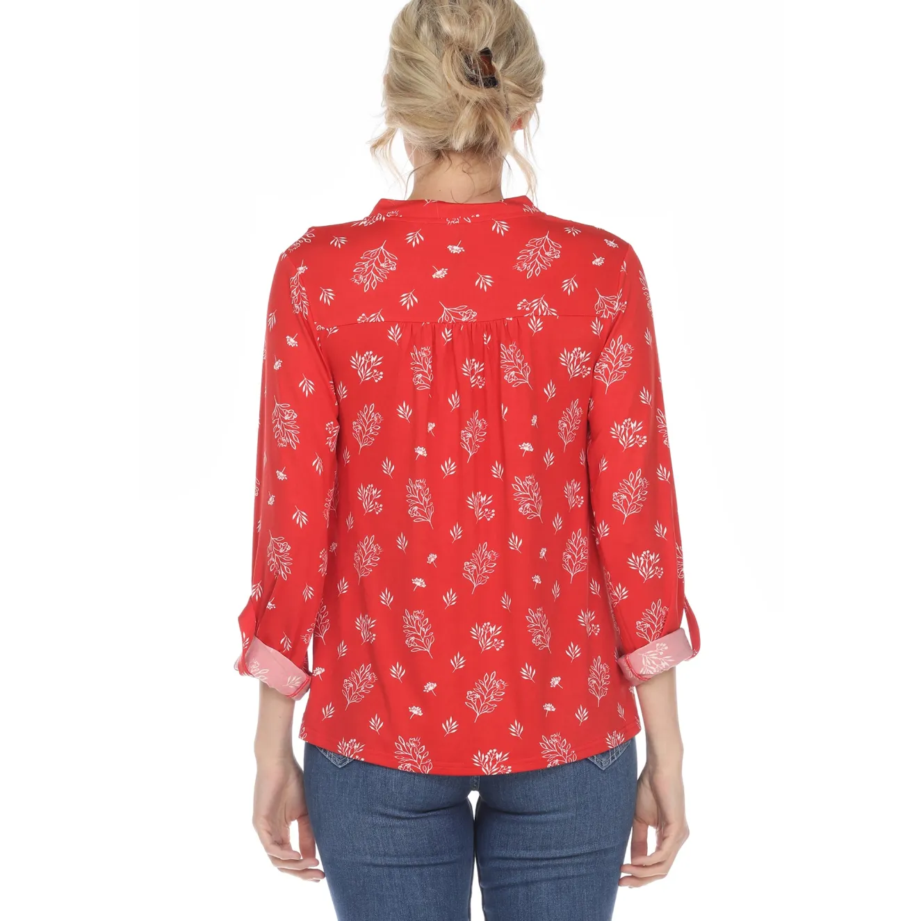 Women's Pleated Long Sleeve Leaf Print Blouse
