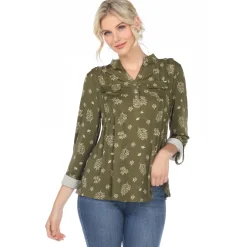 Women's Pleated Long Sleeve Leaf Print Blouse