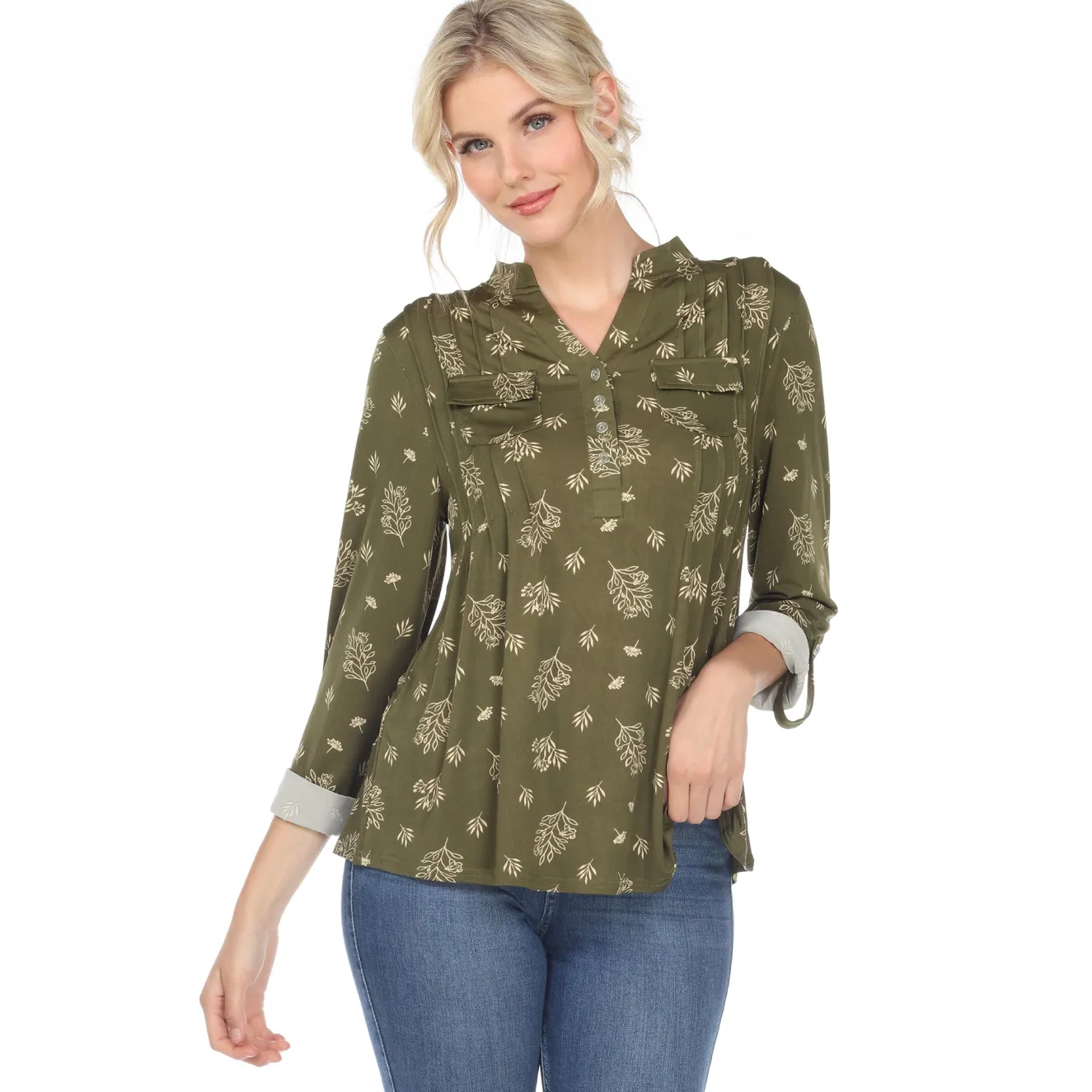 Women's Pleated Long Sleeve Leaf Print Blouse