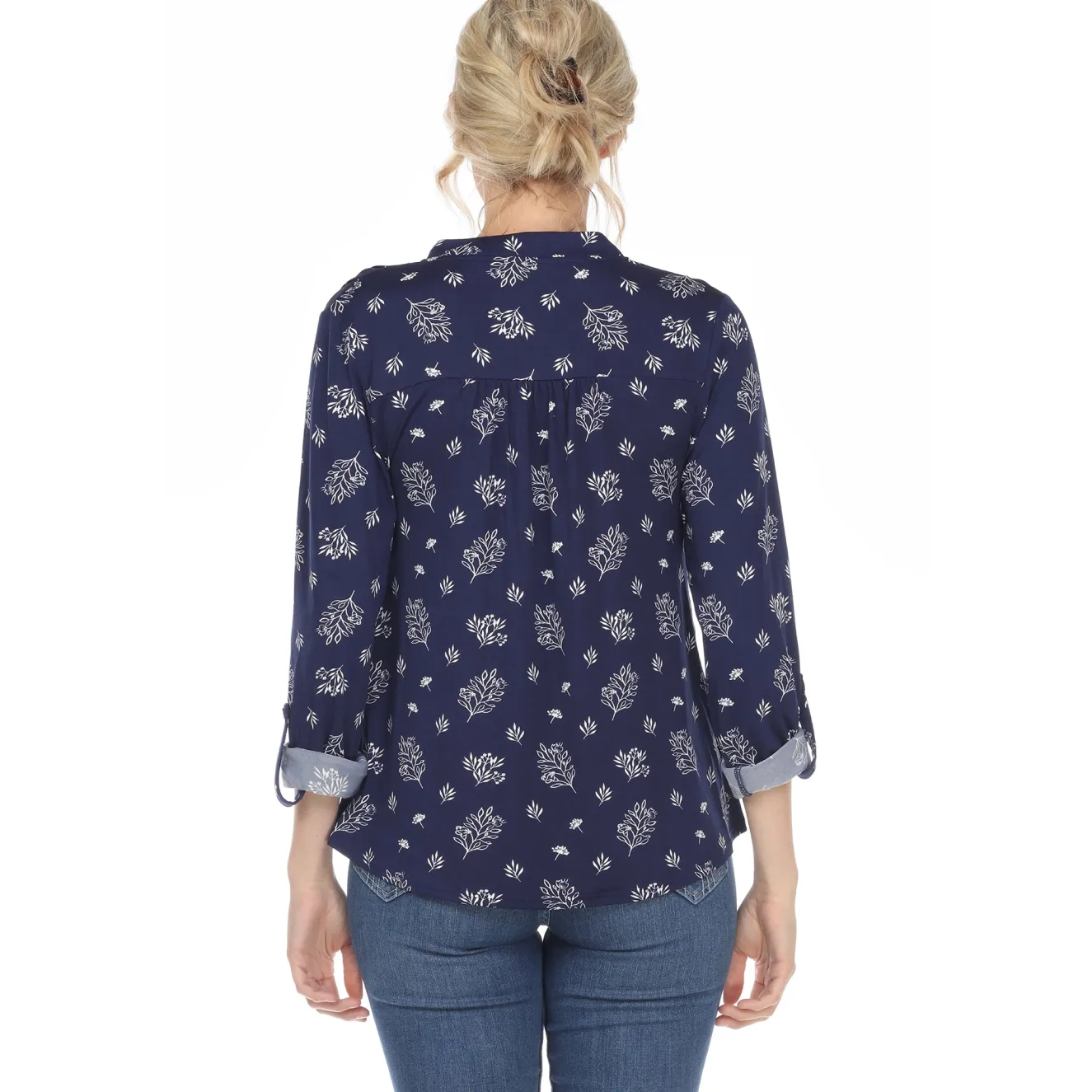 Women's Pleated Long Sleeve Leaf Print Blouse