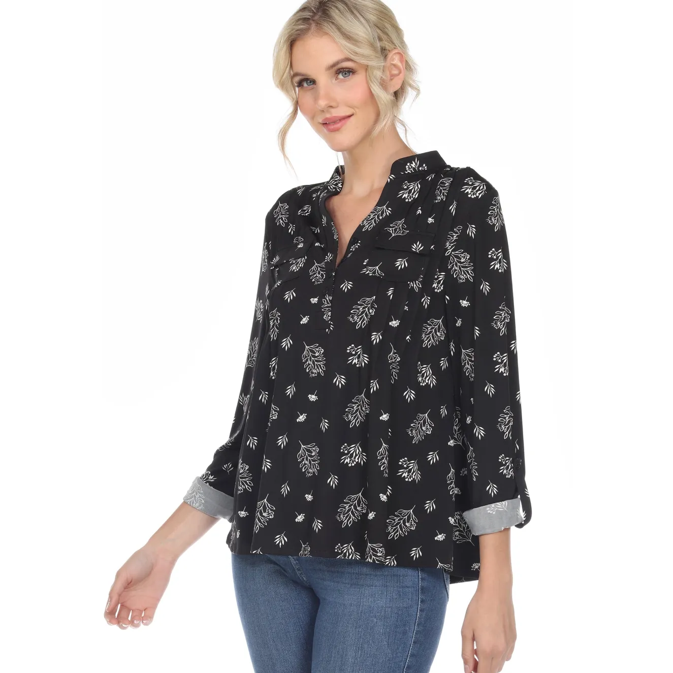 Women's Pleated Long Sleeve Leaf Print Blouse