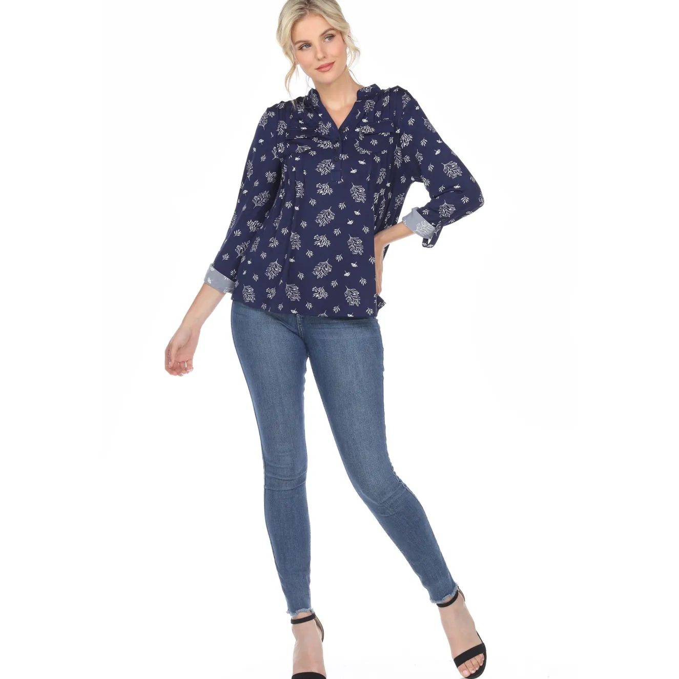 Women's Pleated Long Sleeve Leaf Print Blouse
