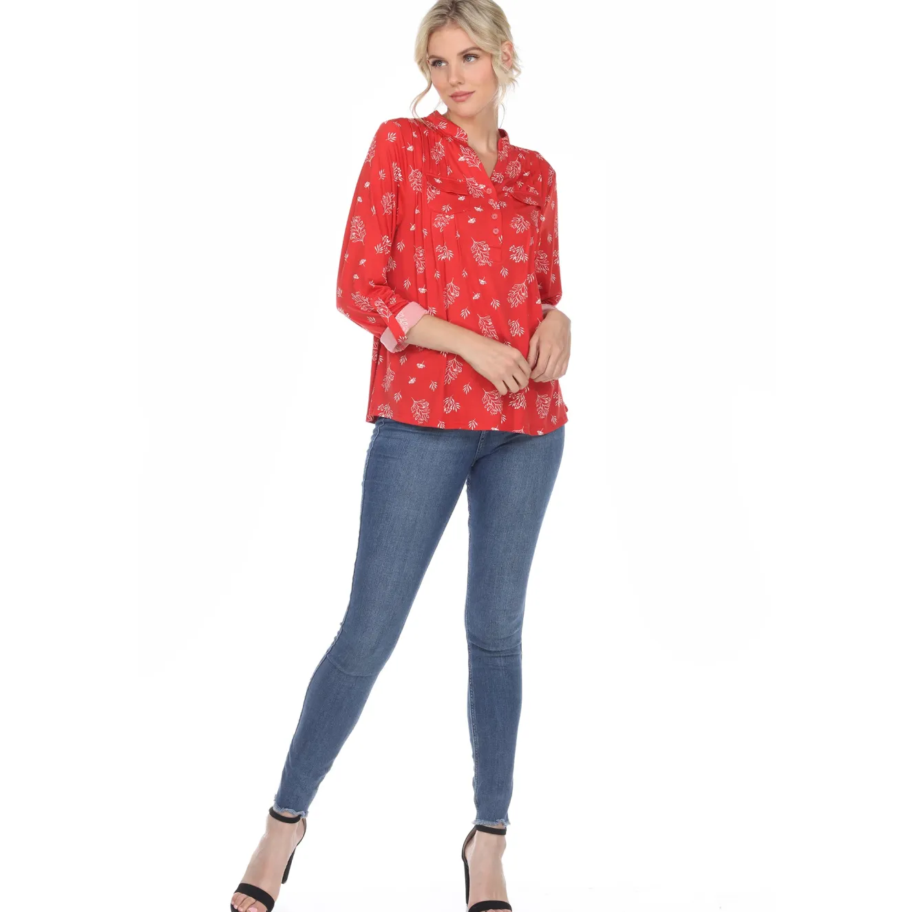 Women's Pleated Long Sleeve Leaf Print Blouse